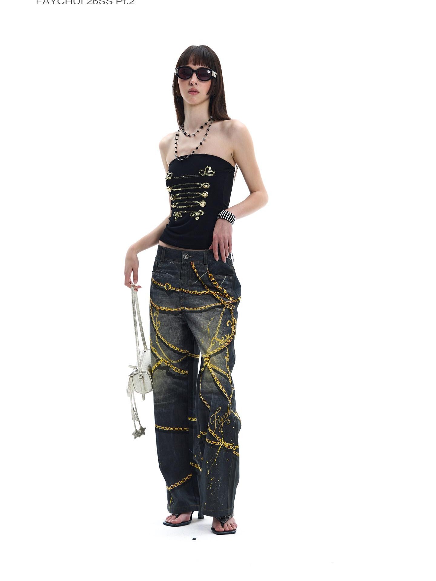 FayChui Vintage Splatter Print Gold Chain Detail Women&