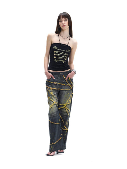 FayChui Vintage Splatter Print Gold Chain Detail Women&