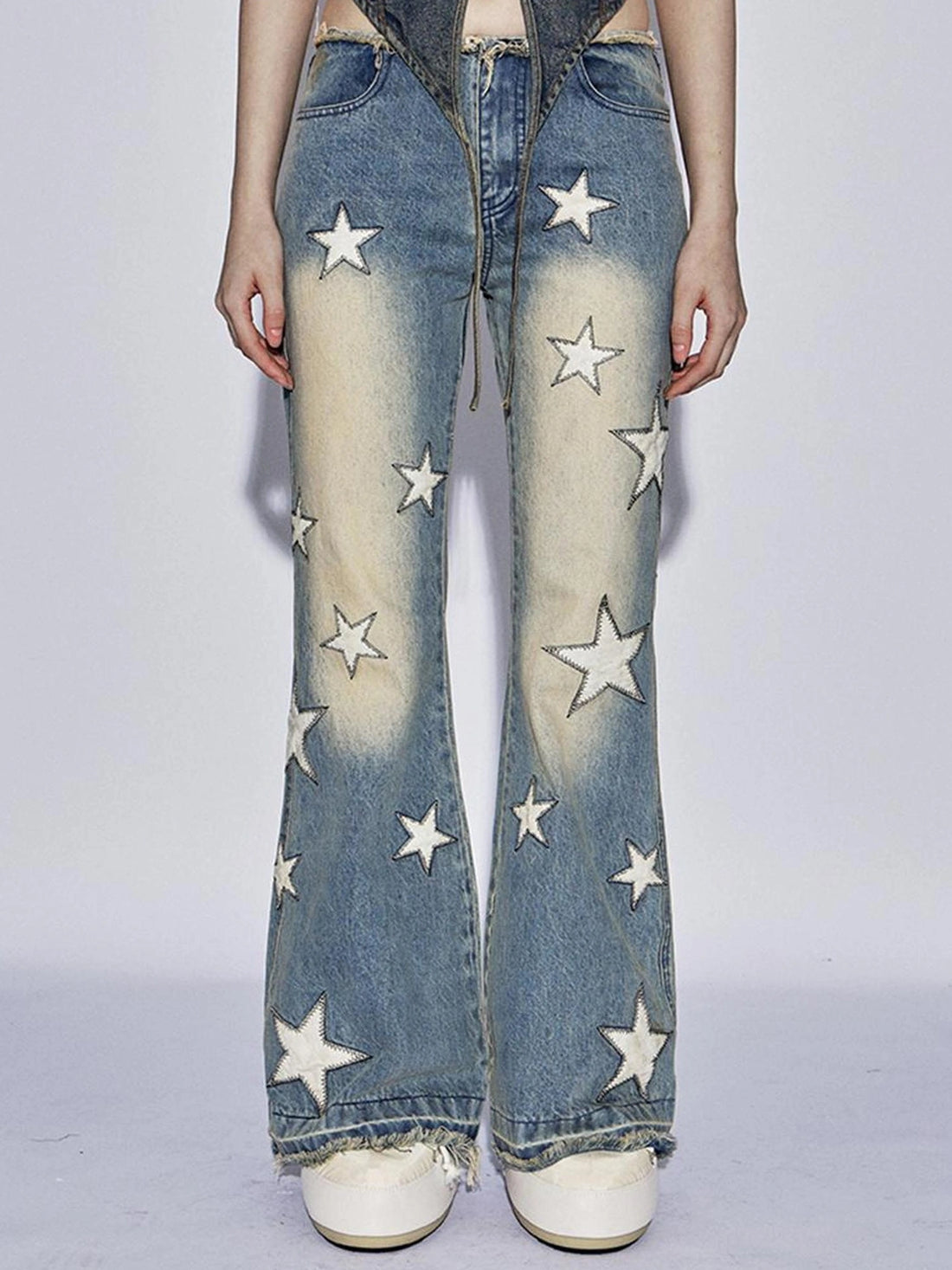 FayChui Vintage Star Embroidered Flared Low Rise Jeans