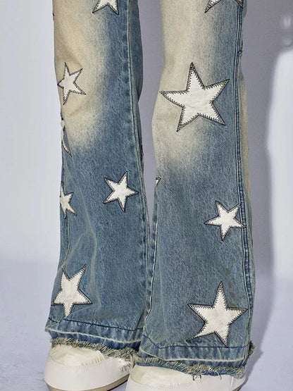 FayChui Vintage Star Embroidered Flared Low Rise Jeans