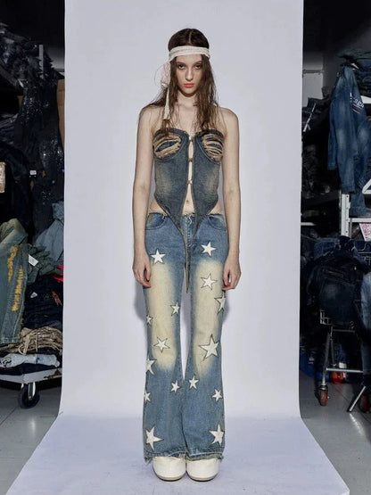 FayChui Vintage Star Embroidered Flared Low Rise Jeans