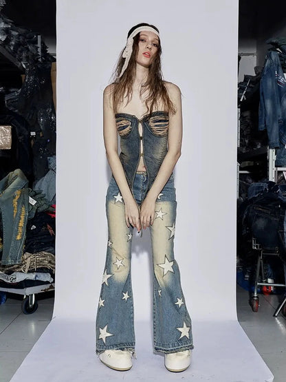 FayChui Vintage Star Embroidered Flared Low Rise Jeans