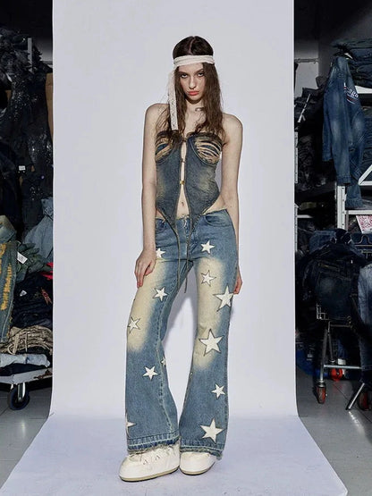 FayChui Vintage Star Embroidered Flared Low Rise Jeans