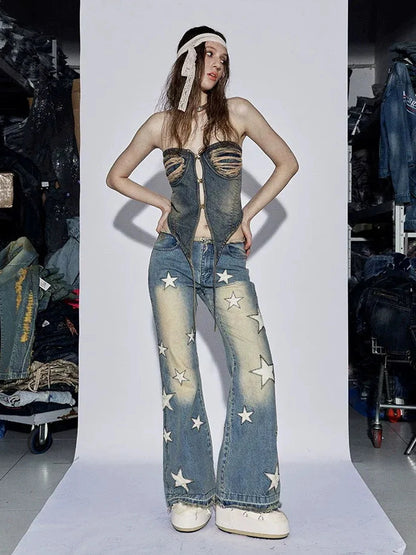 FayChui Vintage Star Embroidered Flared Low Rise Jeans