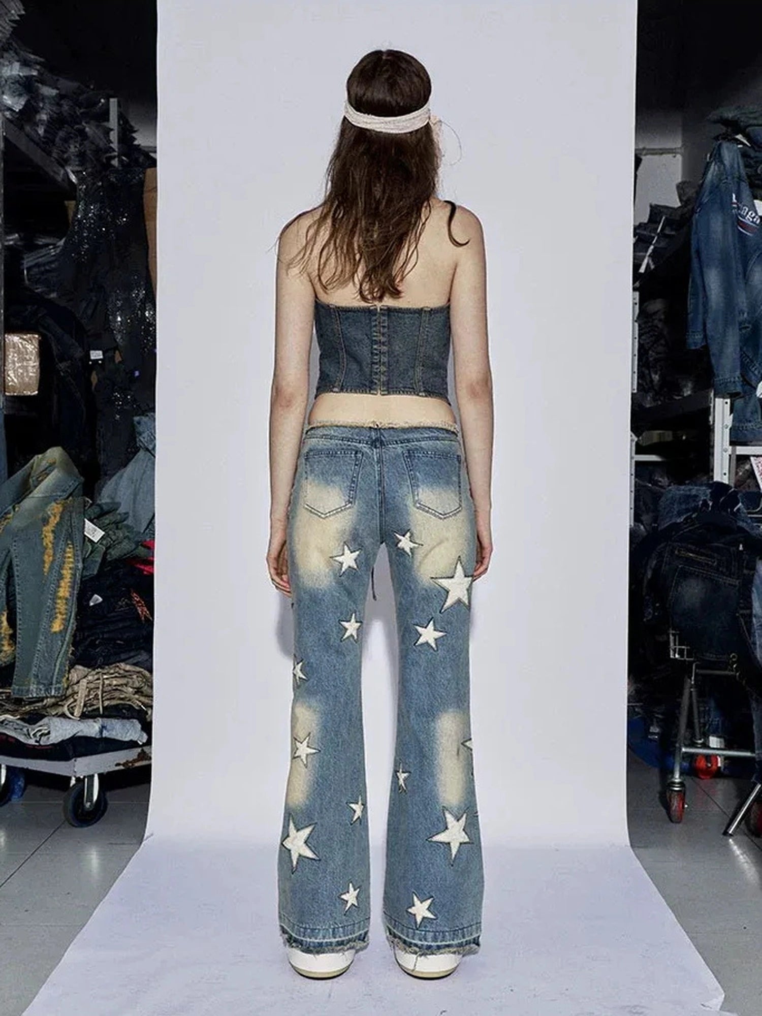 FayChui Vintage Star Embroidered Flared Low Rise Jeans