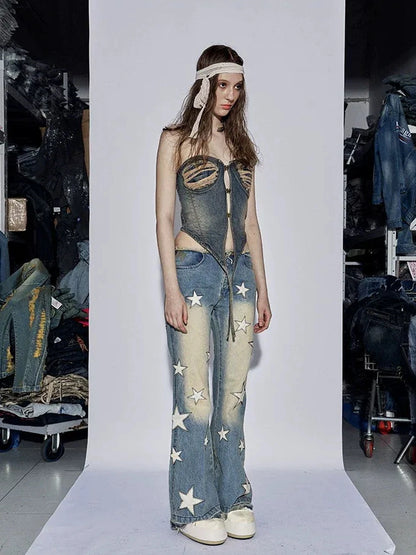 FayChui Vintage Star Embroidered Flared Low Rise Jeans