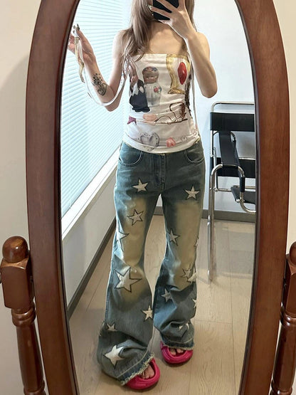FayChui Vintage Star Embroidered Flared Low Rise Jeans