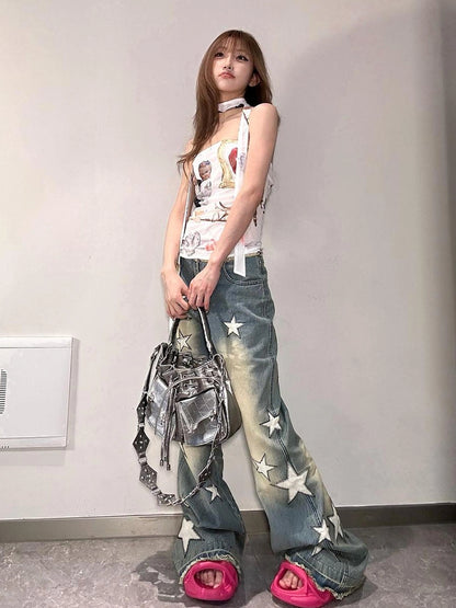 FayChui Vintage Star Embroidered Flared Low Rise Jeans