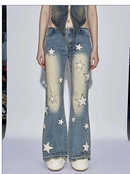 FayChui Vintage Star Embroidered Flared Low Rise Jeans