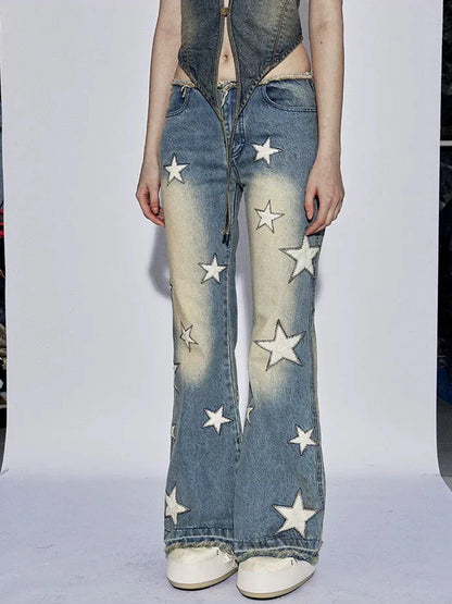 FayChui Vintage Star Embroidered Flared Low Rise Jeans