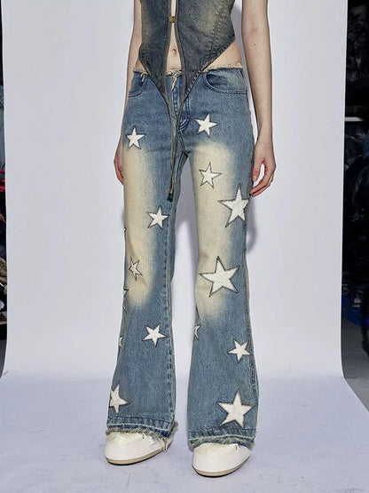 FayChui Vintage Star Embroidered Flared Low Rise Jeans