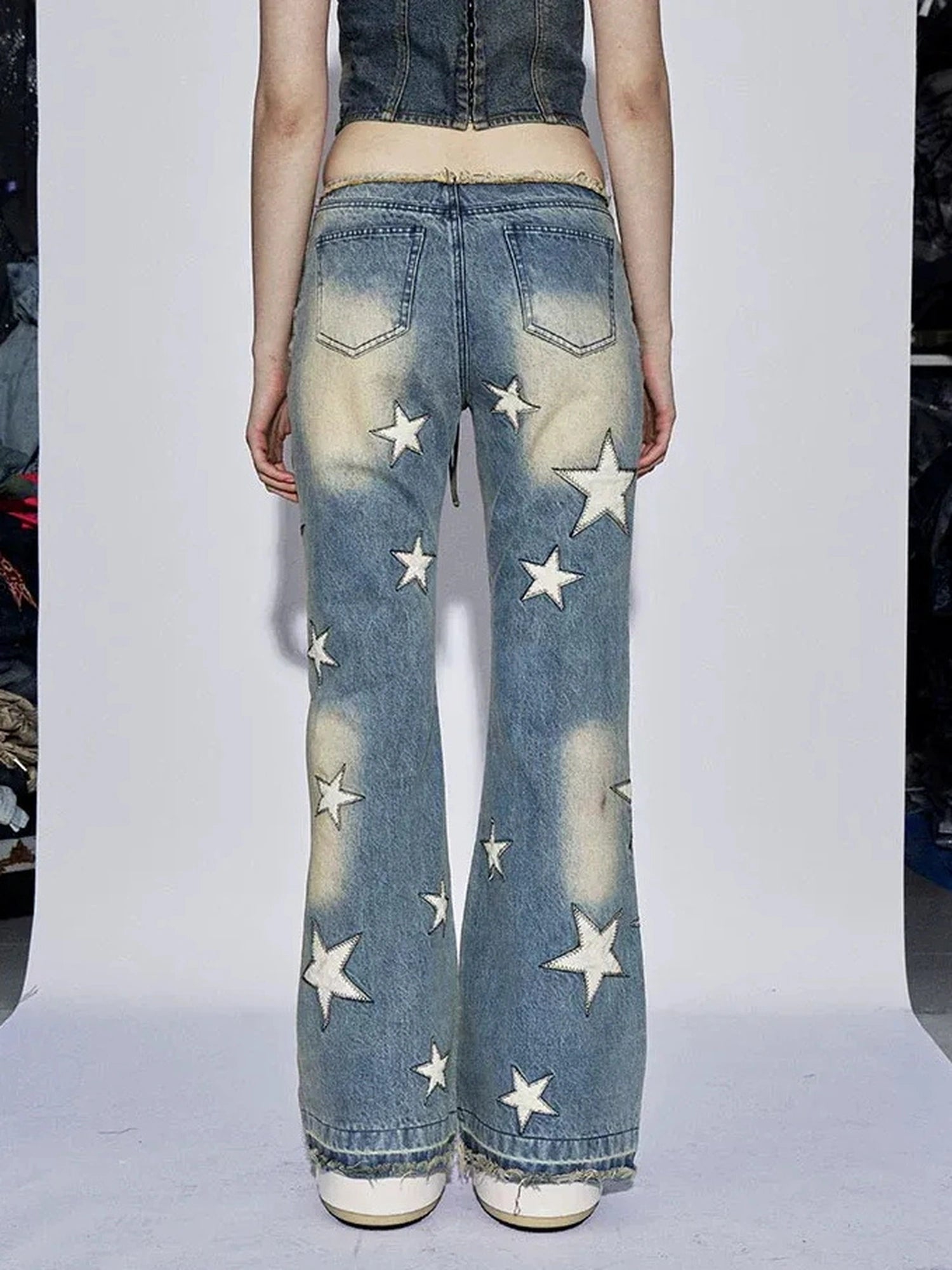 FayChui Vintage Star Embroidered Flared Low Rise Jeans