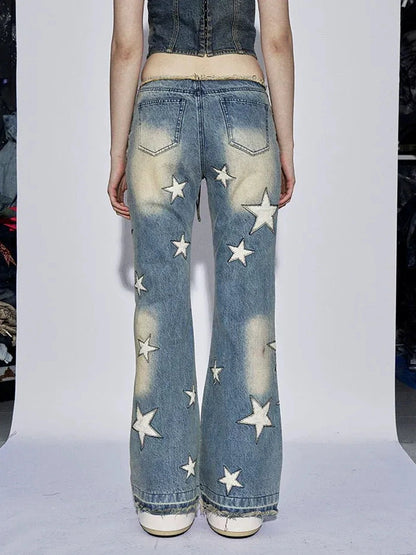 FayChui Vintage Star Embroidered Flared Low Rise Jeans