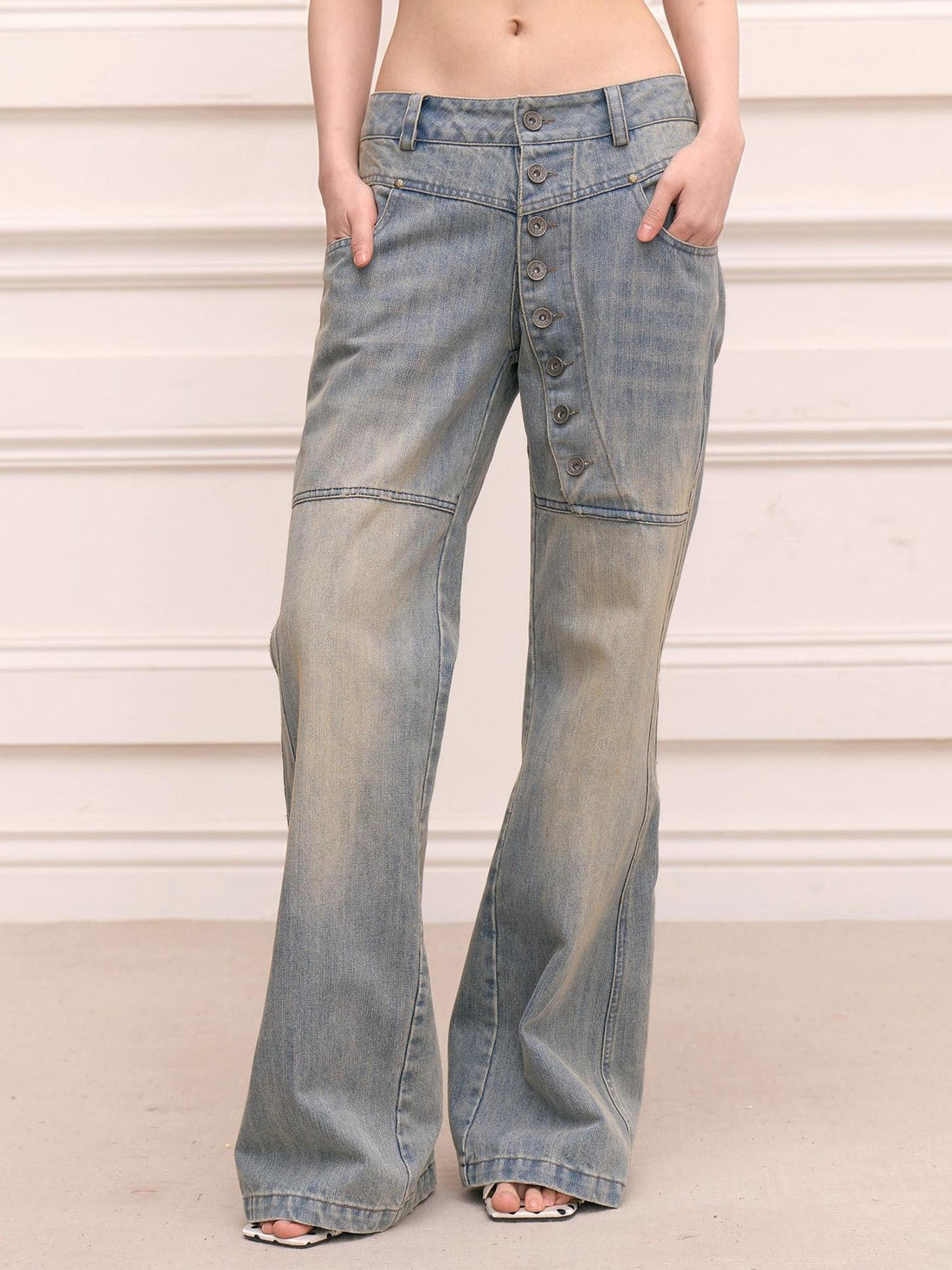 FayChui Vintage Washed Distressed Long Button Fly Women&