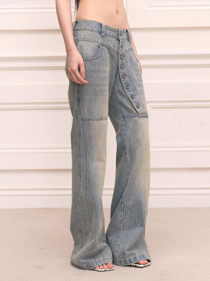 FayChui Vintage Washed Distressed Long Button Fly Women&