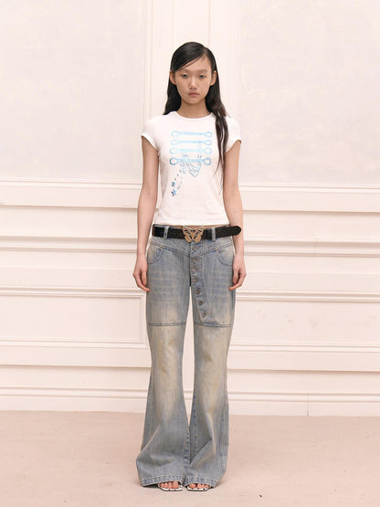 FayChui Vintage Washed Distressed Long Button Fly Women&