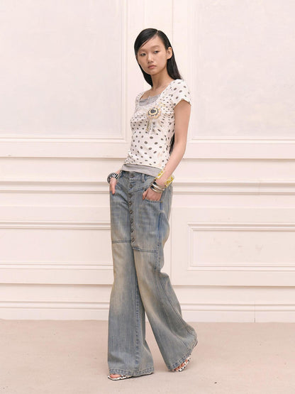 FayChui Vintage Washed Distressed Long Button Fly Women&