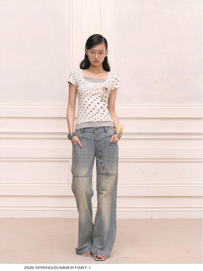 FayChui Vintage Washed Distressed Long Button Fly Women&