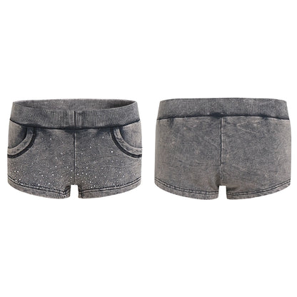 FayChui  Vintage Washed Distressed Rhinestone Low Rise Shorts