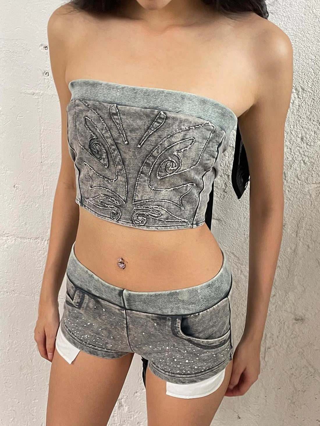 FayChui  Vintage Washed Distressed Rhinestone Low Rise Shorts