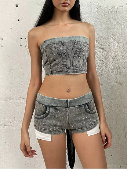 FayChui  Vintage Washed Distressed Rhinestone Low Rise Shorts