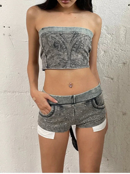FayChui  Vintage Washed Distressed Rhinestone Low Rise Shorts