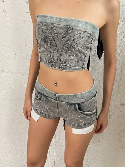 FayChui  Vintage Washed Distressed Rhinestone Low Rise Shorts
