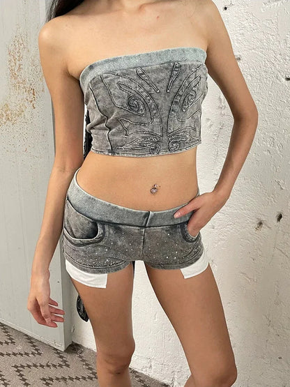 FayChui  Vintage Washed Distressed Rhinestone Low Rise Shorts