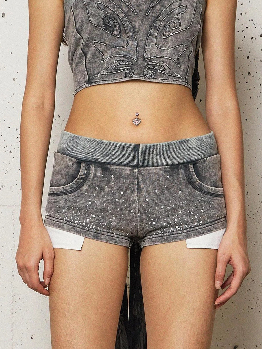 FayChui  Vintage Washed Distressed Rhinestone Low Rise Shorts