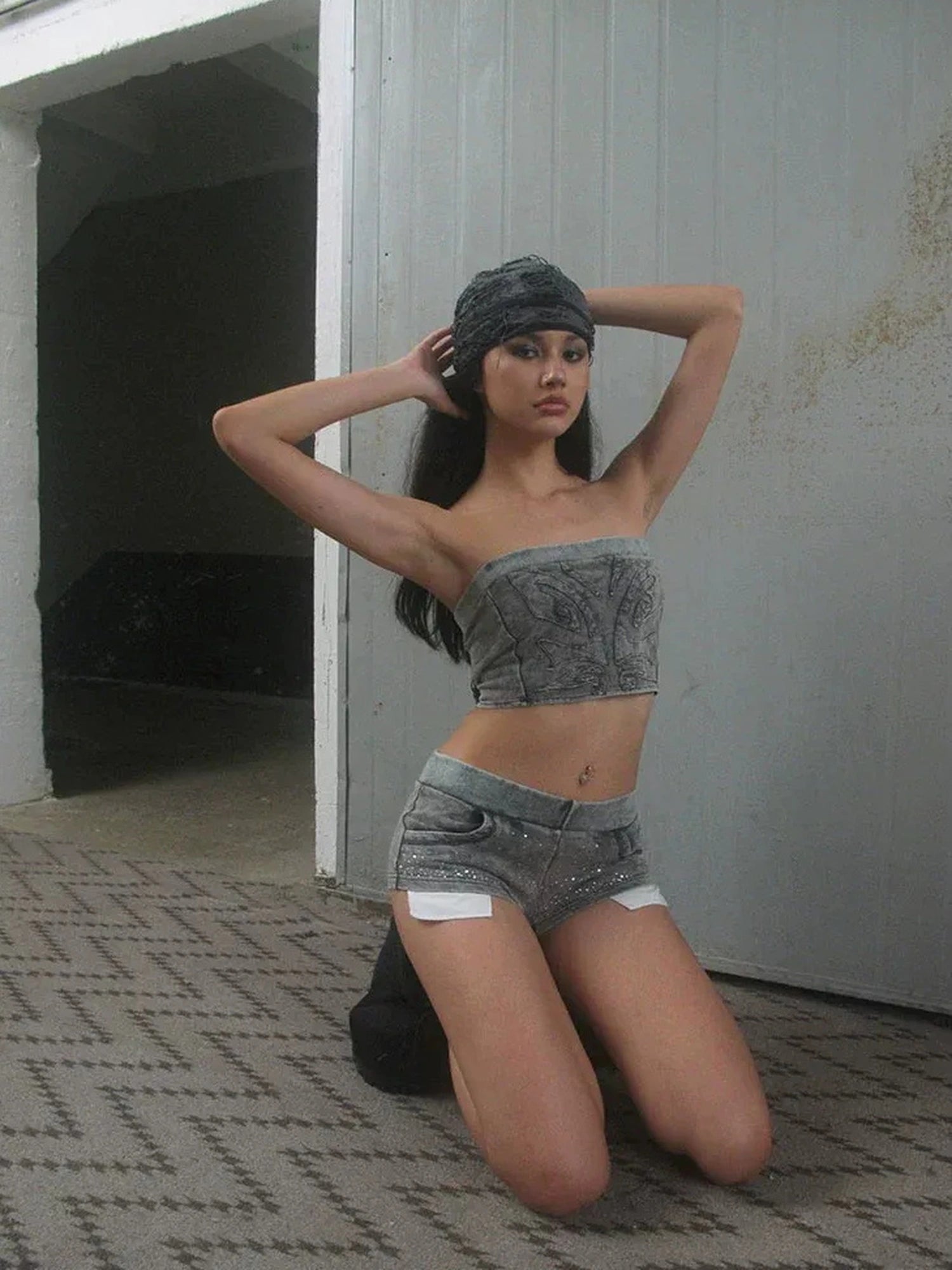 FayChui  Vintage Washed Distressed Rhinestone Low Rise Shorts