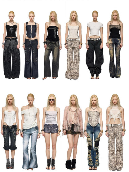 FayChui Vintage Washed Floral Rhinestone Reflective Women&