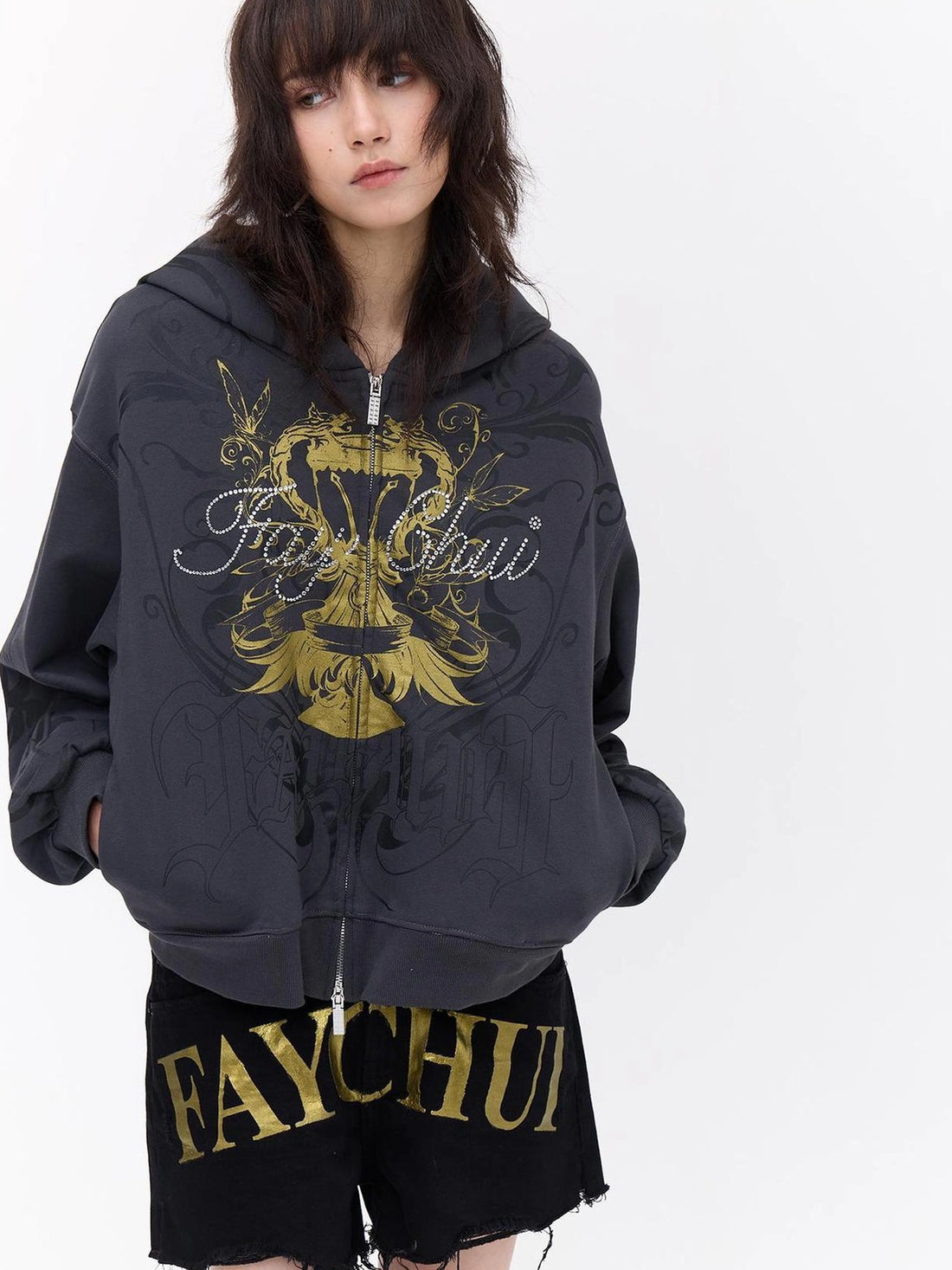 FayChui  Vintage Washed Gold Foil Hoodie