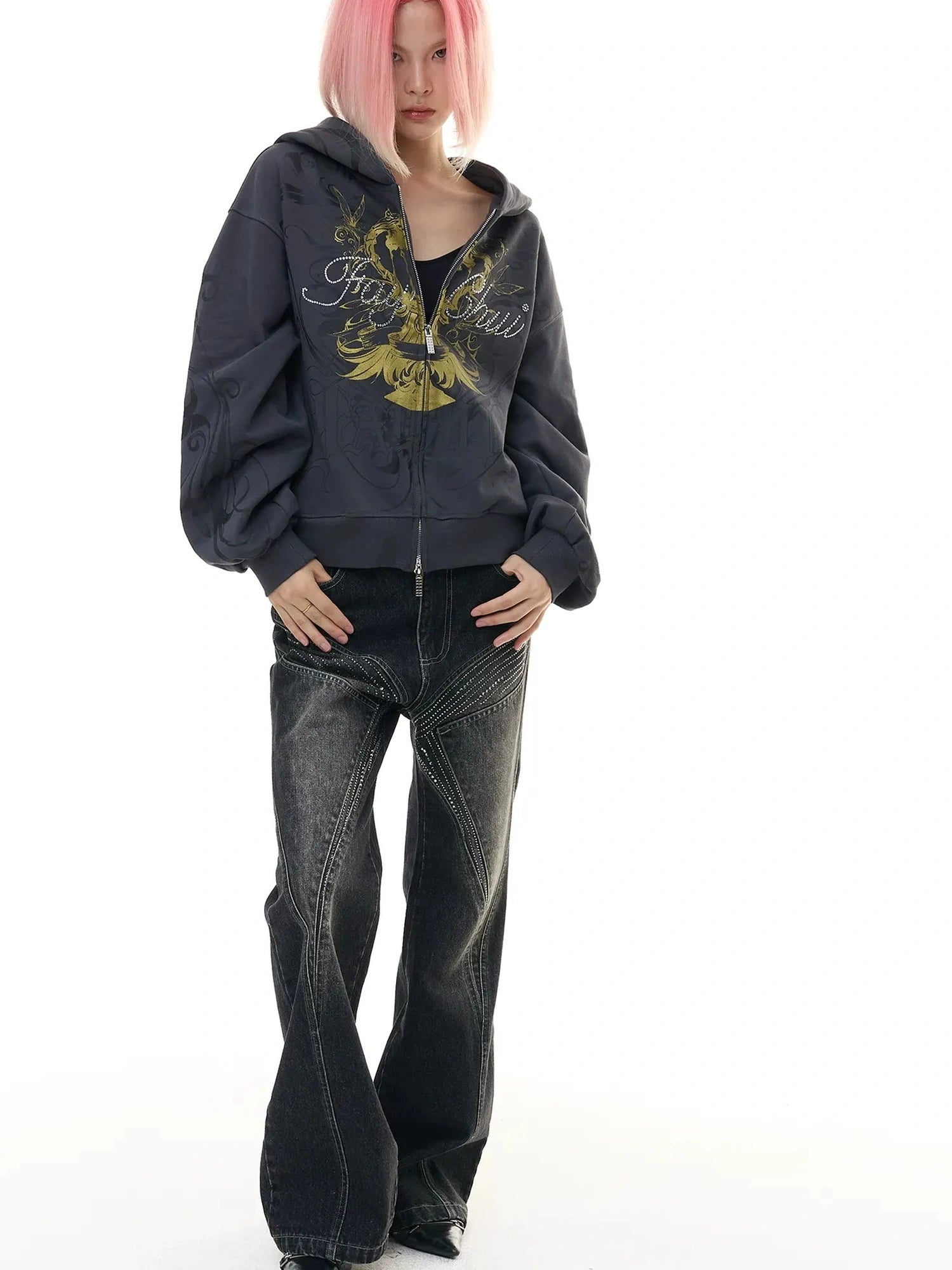 FayChui  Vintage Washed Gold Foil Hoodie