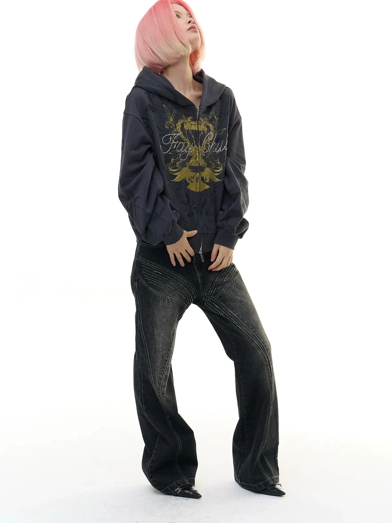 FayChui  Vintage Washed Gold Foil Hoodie