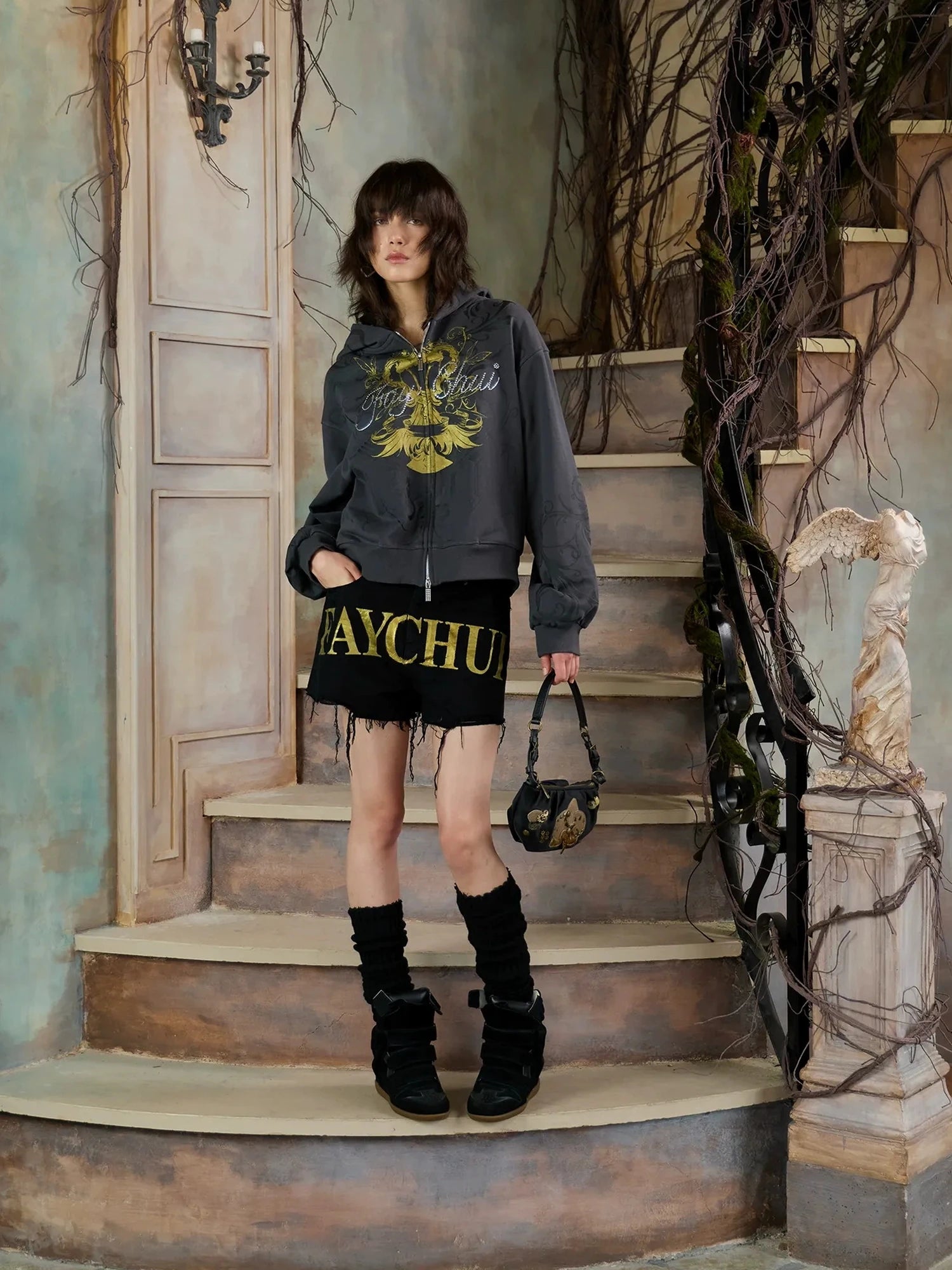 FayChui  Vintage Washed Gold Foil Hoodie
