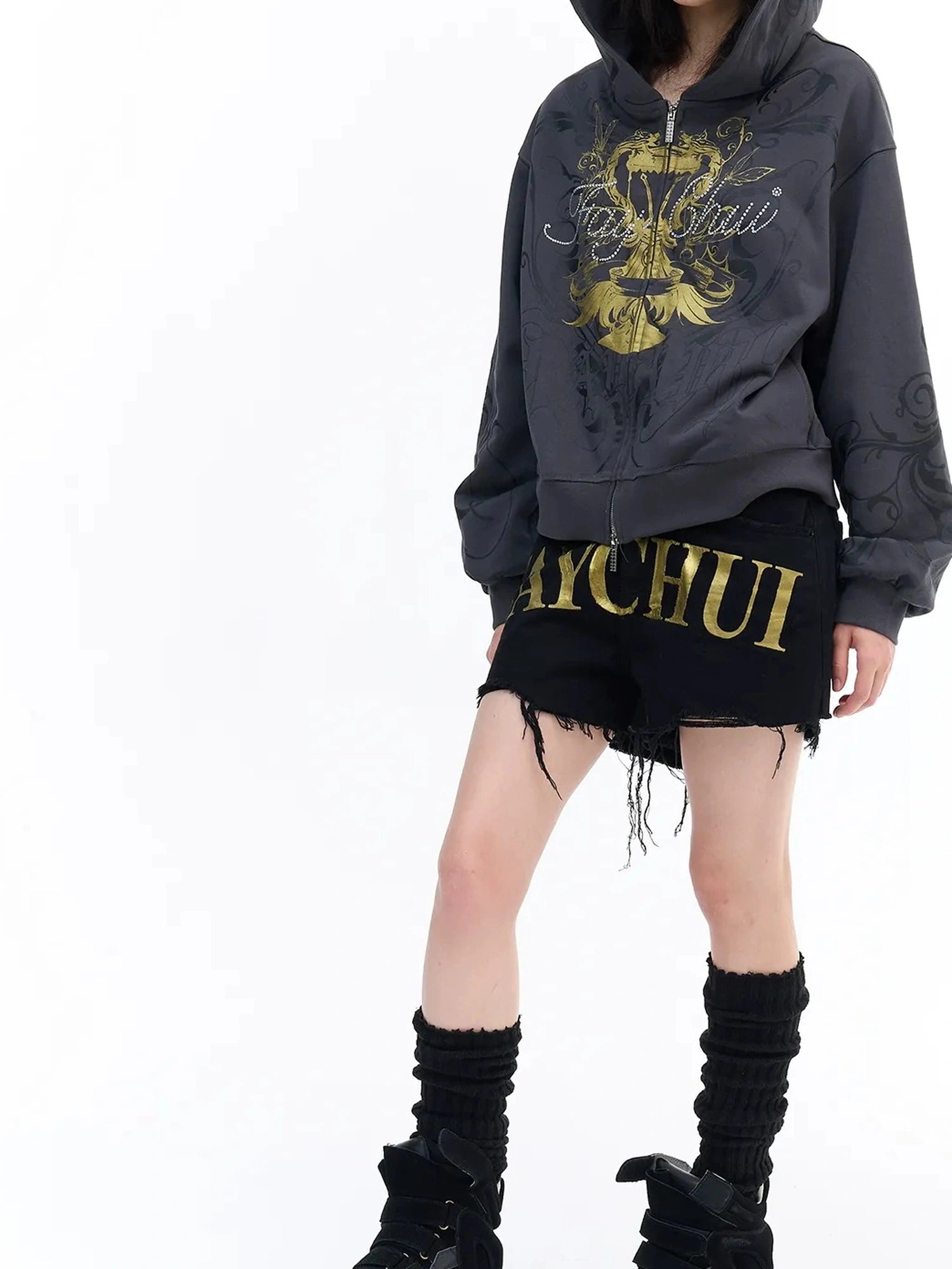 FayChui  Vintage Washed Gold Foil Hoodie