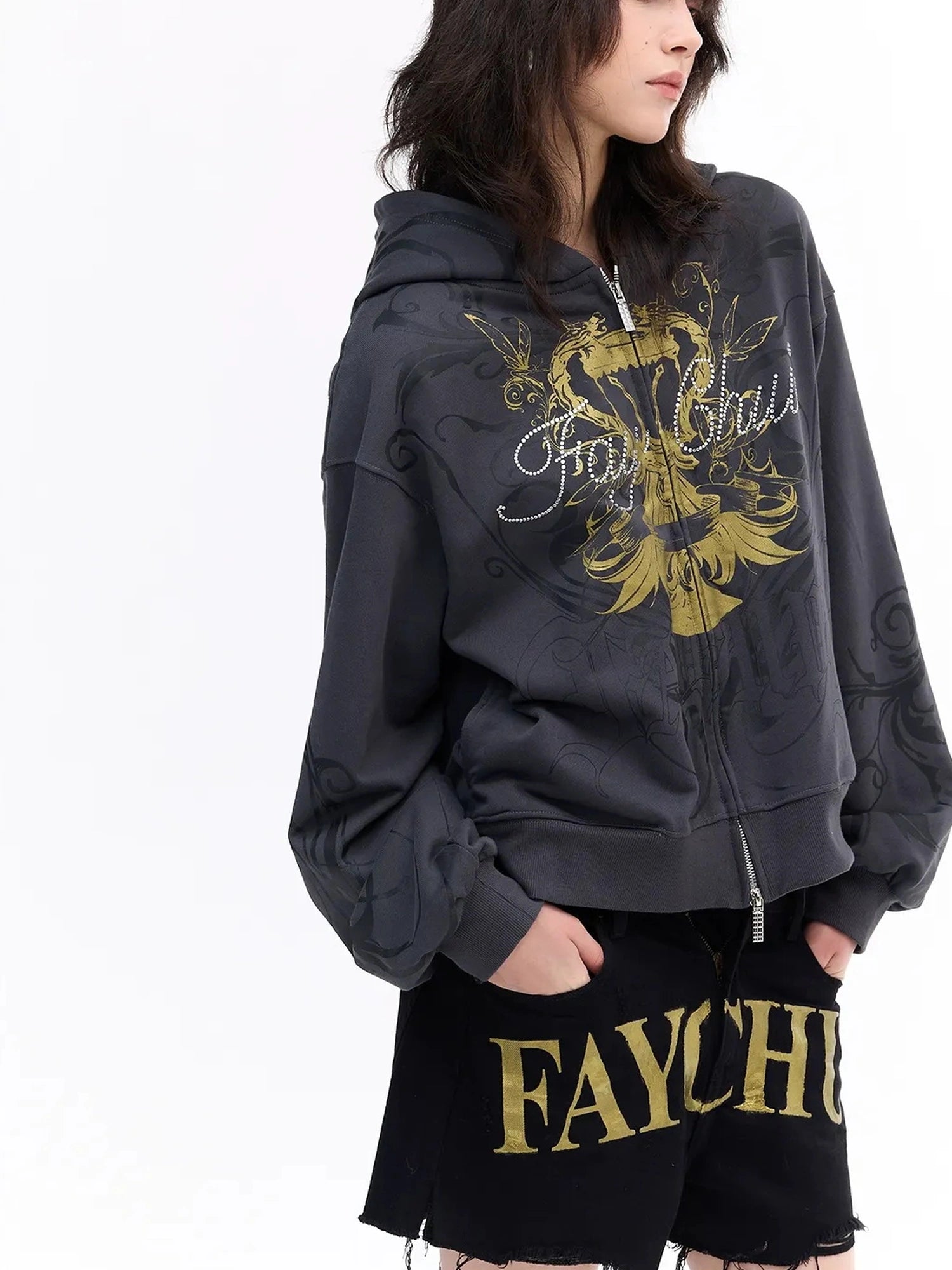 FayChui  Vintage Washed Gold Foil Hoodie