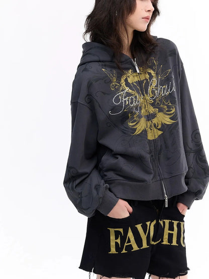 FayChui  Vintage Washed Gold Foil Hoodie