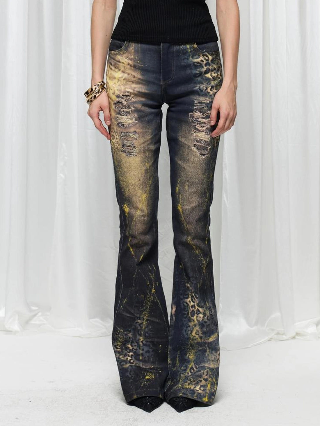 FayChui  Vintage Washed Leopard Flare Jeans