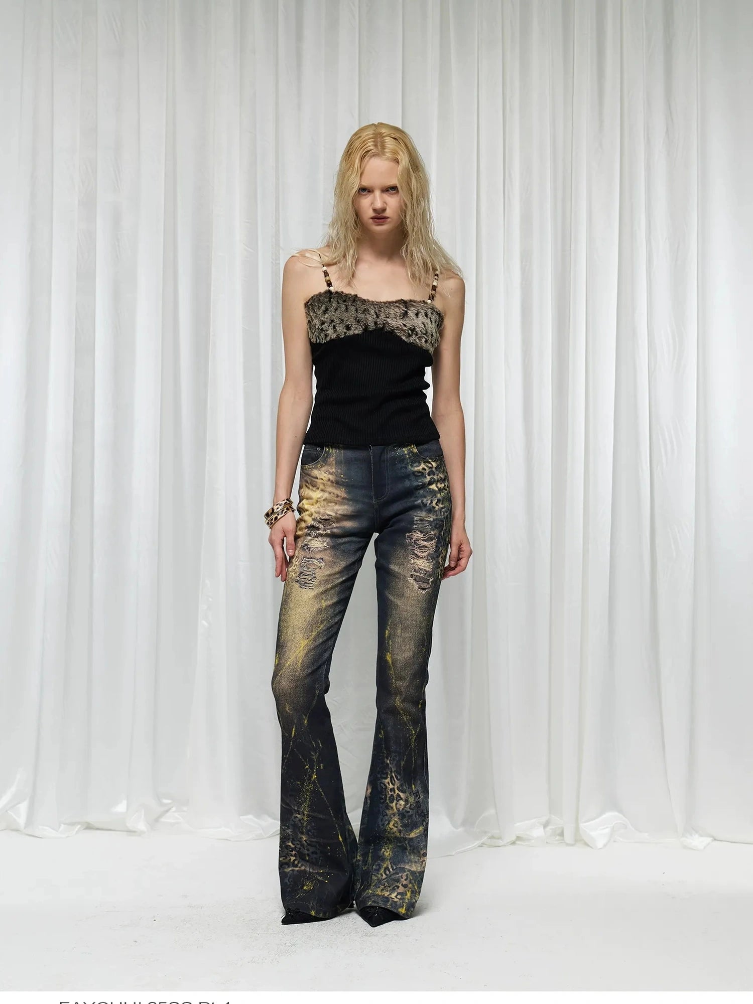 FayChui  Vintage Washed Leopard Flare Jeans