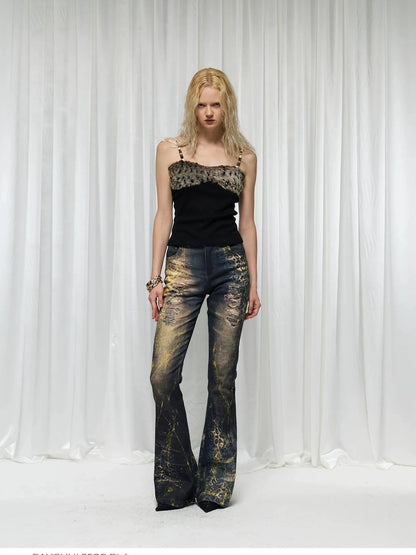 FayChui  Vintage Washed Leopard Flare Jeans