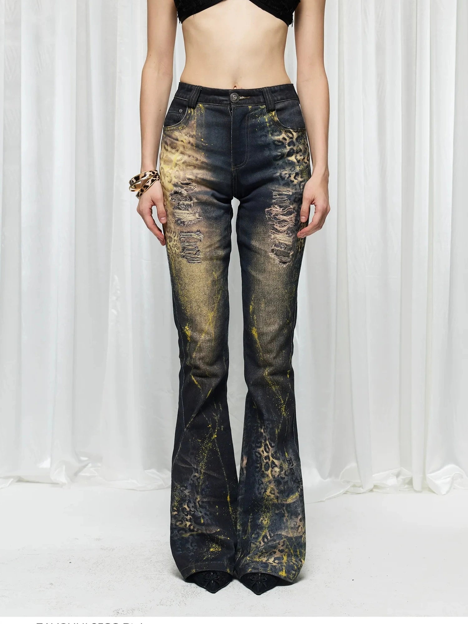 FayChui  Vintage Washed Leopard Flare Jeans