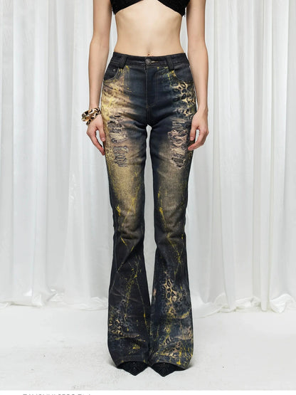 FayChui  Vintage Washed Leopard Flare Jeans