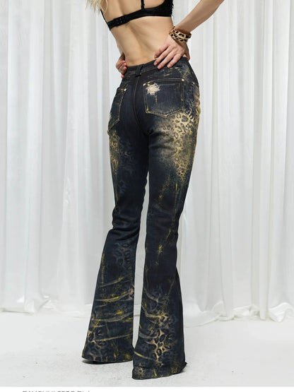 FayChui  Vintage Washed Leopard Flare Jeans