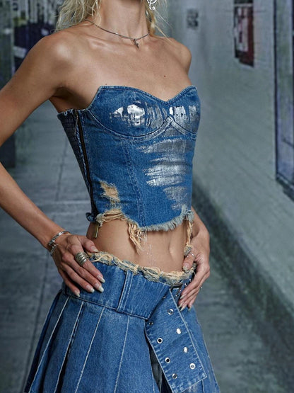 FayChui Vintage Washed Silver Pleated Bustier Set