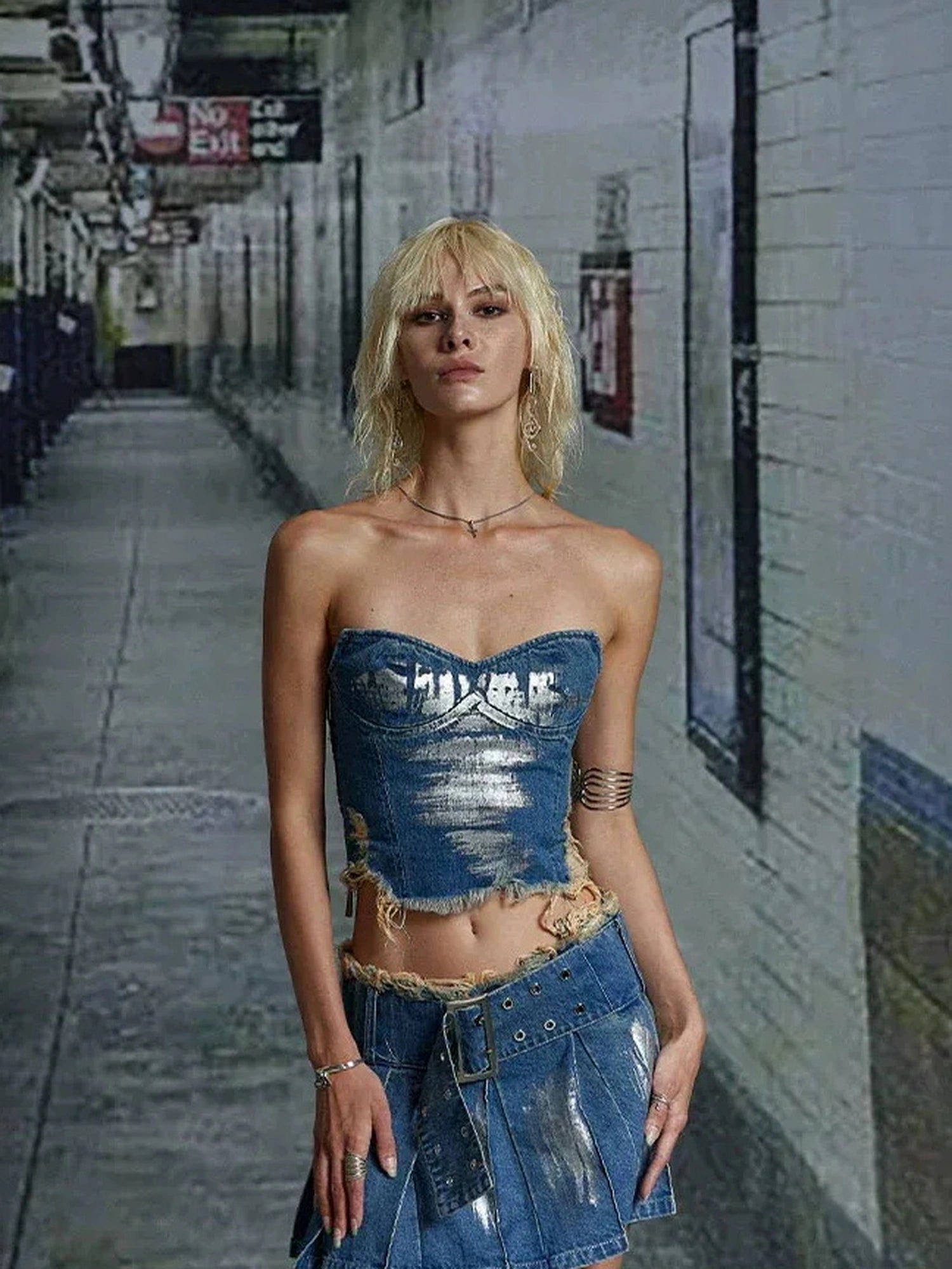 FayChui Vintage Washed Silver Pleated Bustier Set