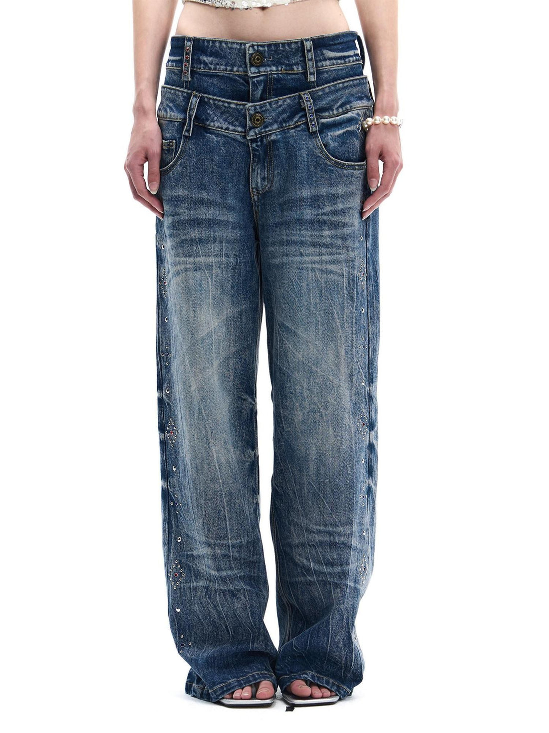 FayChui Washed Diamond Rhinestone Double Waist Women&