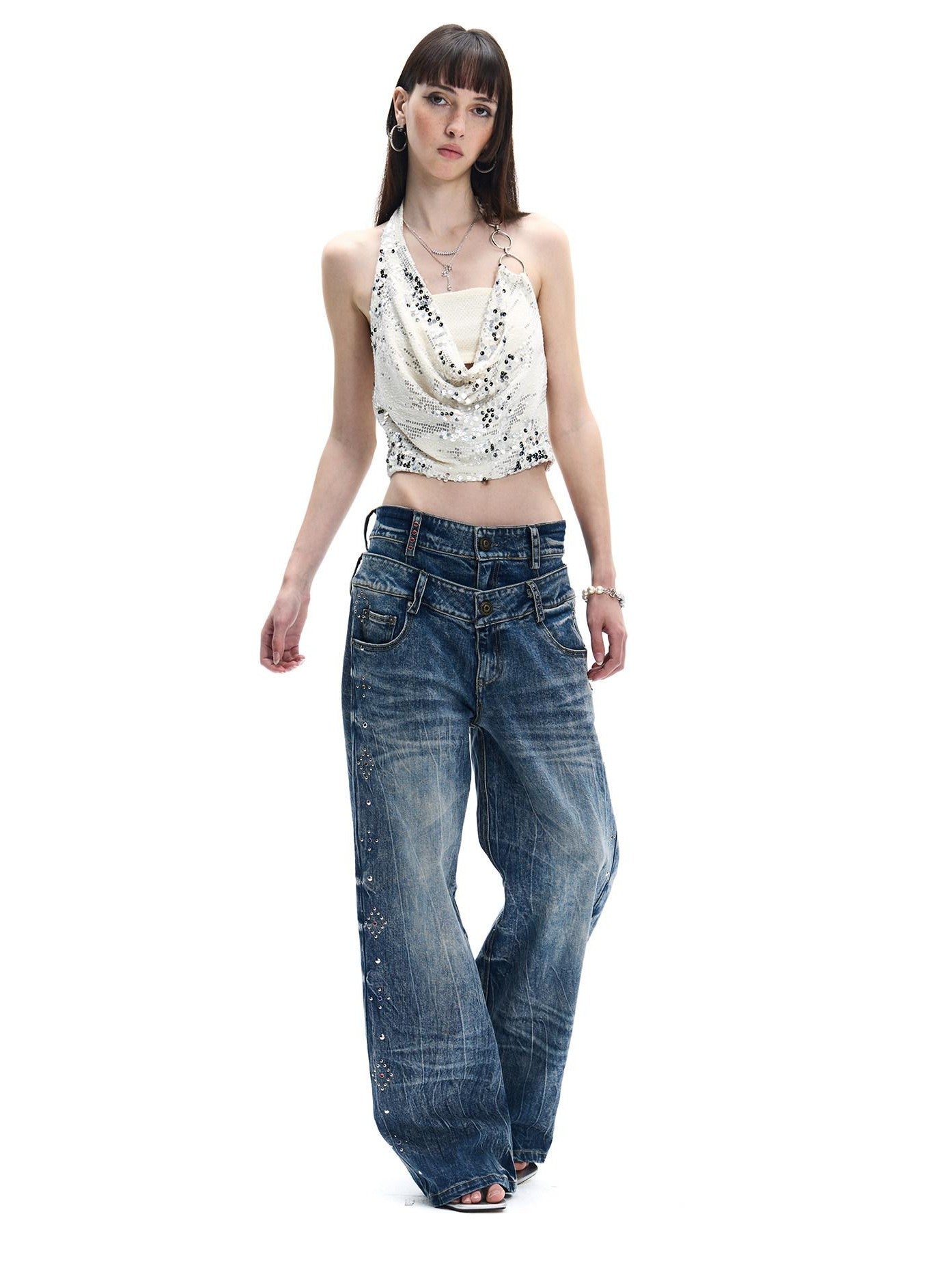 FayChui Washed Diamond Rhinestone Double Waist Women&