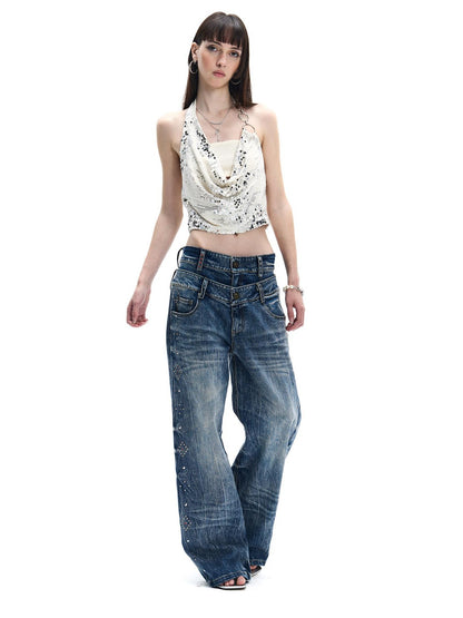 FayChui Washed Diamond Rhinestone Double Waist Women&