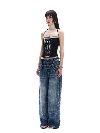 FayChui Washed Diamond Rhinestone Double Waist Women&